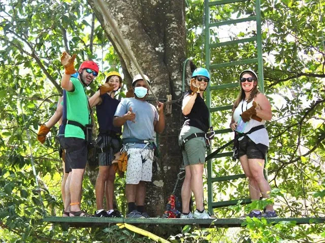 Helmeted guests gather at a forest canopy platform.