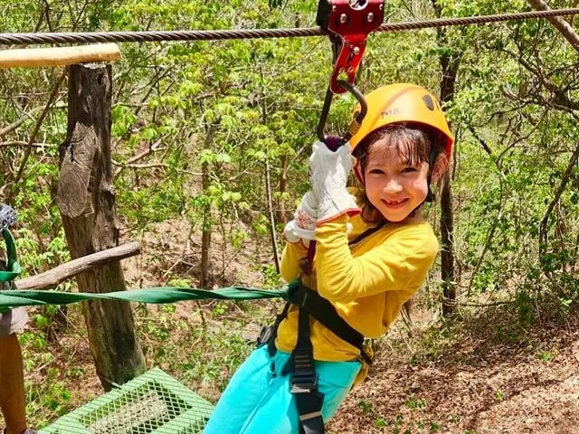A helmeted guest rides past a forest zipline platform.
